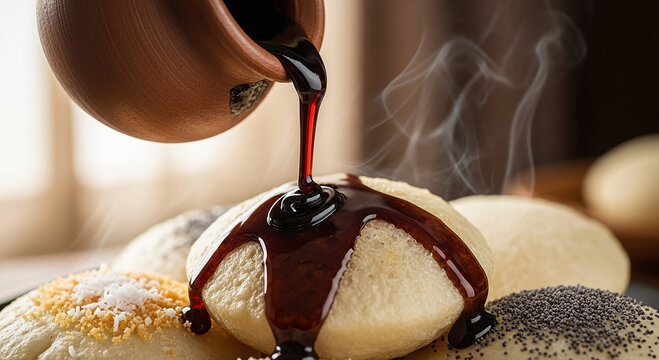 Jaggery Syrup Pouring Over Sweet Buns Adorned with Poppy Seeds, Coconut, and Sugar Crystals, Evoking Rustic Charm and Culinary Delights on Table - Powered by Adobe