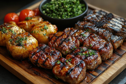 A mouth-watering close-up photograph of a grilled platter featuring juicy pieces of seared meat, golden baked potatoes, tomatoes, and a green sauce.  