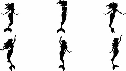 Enchanting mermaid silhouettes swimming gracefully, evoking fantasy and timeless beauty, perfect for magical designs and whimsical branding, scalable vector origin