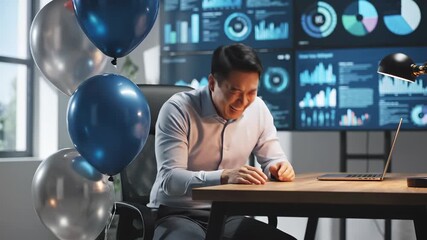 Celebratory office scene with a man laughing joyfully while surrounded by balloons, camera pans to capture the excitement and atmosphere of success