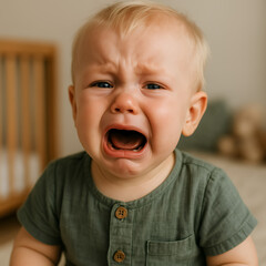 A baby with blond hair cries with an open mouth. Tears are visible in his eyes expressing distress. AI generated