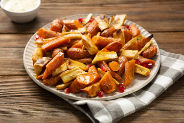 Close up of roasted carrots and parsnips wooden surface