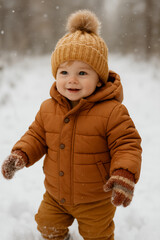 A toddler in a brown jacket smiles in the snow. He wears a knit hat and mittens outdoors. AI generated