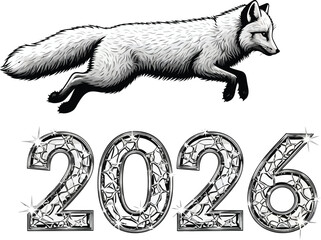 Engraving style illustration of a jumping fox above year 2026
