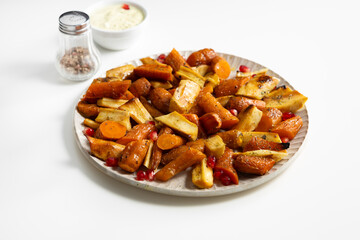 Close up of oven baked carrots and parsnips light surface