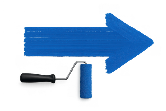Paint roller applying blue paint, forming a directional arrow symbolizing progress, growth, and next steps for business concepts