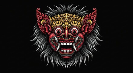 Naklejka premium Ornate Balinese Barong Mask Illustration, Fierce Demon Face on Black Background