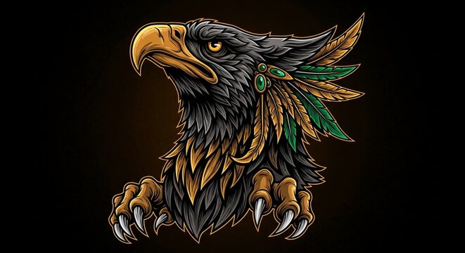Illustration of an Eagle's Head with Tribal Headdress and Fierce Claws - Powered by Adobe