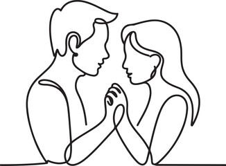 Minimalist line art illustration of a man and woman holding hands looking at each other..one line icon with out background