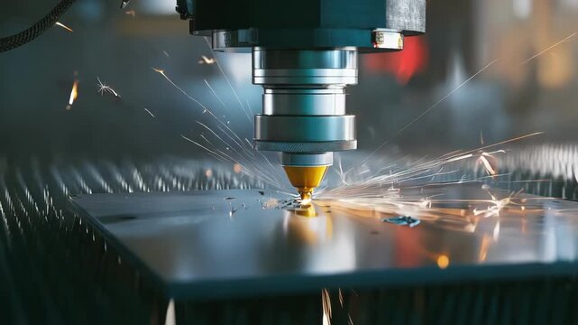Dynamic medium shot capturing the blanking of complex geometric metal shapes from a flat steel sheet in a modern manufacturing setting.