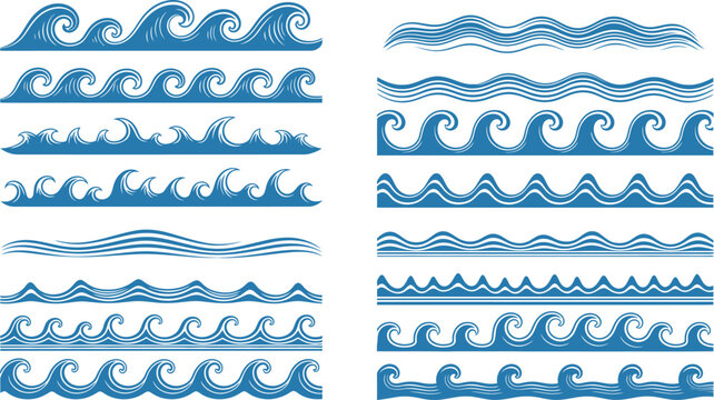 Set of decorative water wave borders for design elements and backgrounds