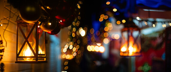 Christmas festive lantern on a fair at night