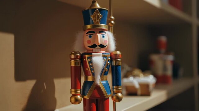 Painted wooden nutcracker toy standing on a shelf.