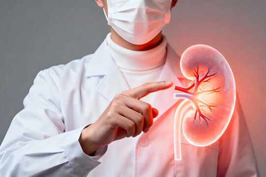 Innovative medical professional examining human kidney anatomy with advanced technology, showing healthcare solutions and digital medicine progress
