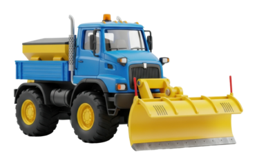 Construction action with blue bulldozer site toy model isolated on transparent background
