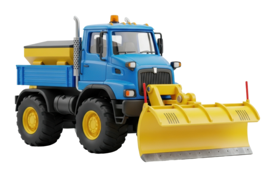 Construction action with blue bulldozer site toy model isolated on transparent background