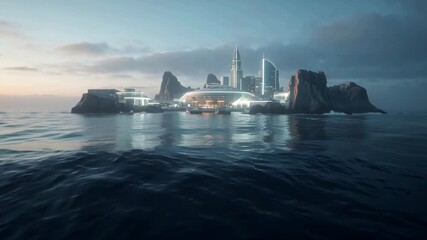 Futuristic Island Cityscape, Ocean View, Modern Architecture - Powered by Adobe