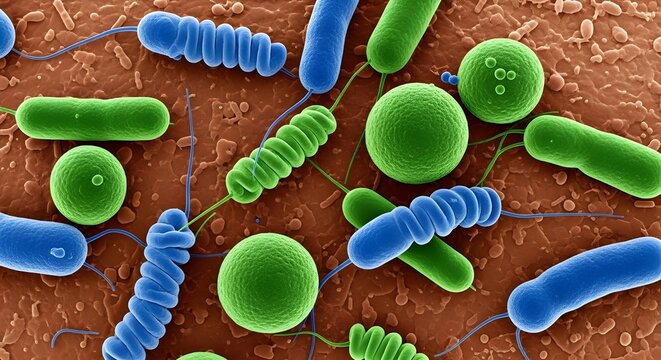 Microscopic view of bacteria and microorganisms on surface