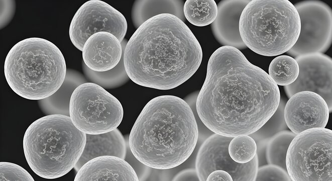 Microscopic view of metal particles or cells in suspension
