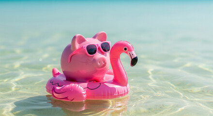 Piggy Bank with Sunglasses Floating on an Inflatable Flamingo Ring in Blue Water perfect for Vacation Savings and Holiday Budgeting Concept