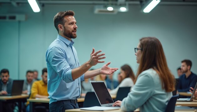 Man talks to students in a classroom. People listen attentively during presentation. Educator shares knowledge with young adults at school. Learning and teaching concept.