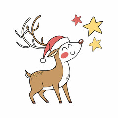 Cute cartoon reindeer wearing a santa hat with stars