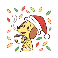 Cute cartoon dog wearing a santa hat and sweater holding a hot drink