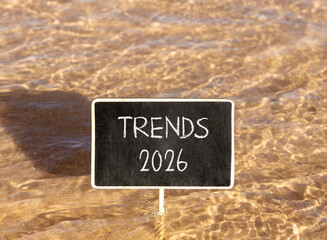Naklejka premium Trends 2026 new year symbol. Concept words Trends 2026 on beautiful black blackboard. Beautiful Red sea water background. Business and Trends 2026 new year concept. Copy space.
