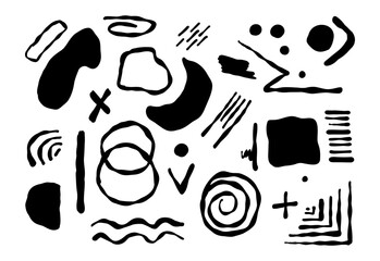 Different shapes, objects. Grunge texture set. Abstract doodle style. Hand drawn modern Vector illustration