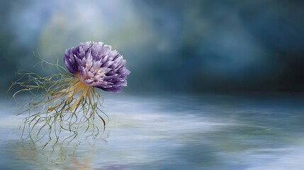  A purple flower with roots visible is mirrored in a serene pond under bright sunlight