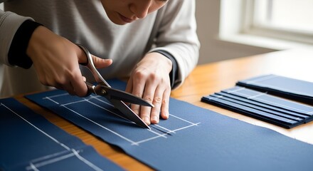 Woman cutting fabric patterns while working at a wooden table