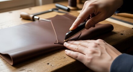 Craftsman cutting brown leather on wooden surface with tools nearby  