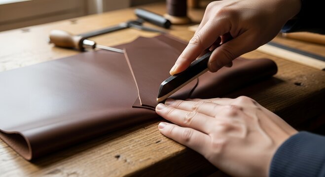 Craftsman cutting brown leather on wooden surface with tools nearby  
