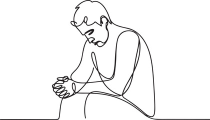Continuous line drawing sad man alone concept.one line icon with out background