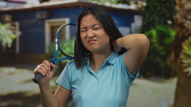 Chinese woman holding a tennis racket in a park feels neck pain after playing outdoors, expressing discomfort against a blurred natural backdrop.