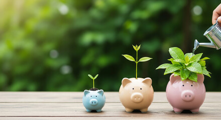 Small Hands Watering Piggy Banks with Plants representing Nurturing Financial Investment and Sustainable Growth Concept Background