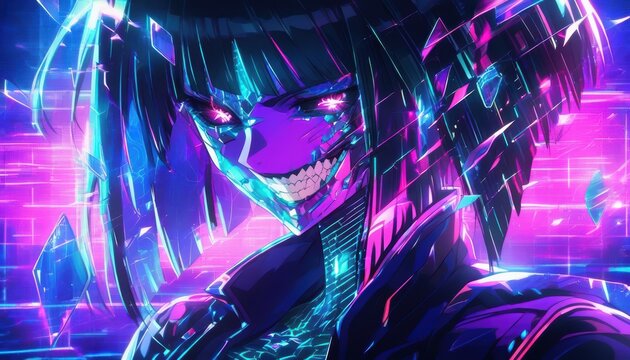 Darksynth Girl with Glowing Purple Face and Wide Fanged Smile