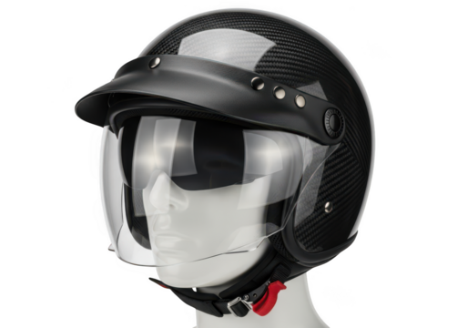 Glossy black open face motorcycle helmet with clear visor isolated on transparent background