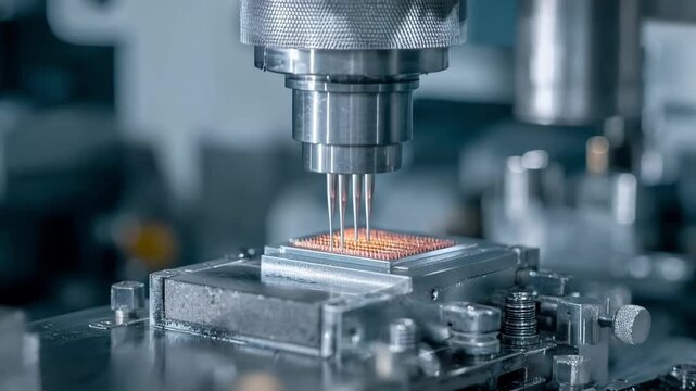 Detailed view of automated equipment performing microplating on small components emphasizing uniform and accurate metal layers.