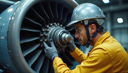 Male engineer in yellow uniform, helmet performs maintenance on aircraft jet engine. Focused technician repairs airplane turbine machinery with precision. Skilled mechanic works on complex aerospace