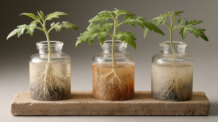 Tomato seedlings in glass jars showing healthy root growth