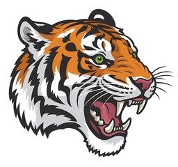 Powerful roaring tiger head illustration with fierce green eyes