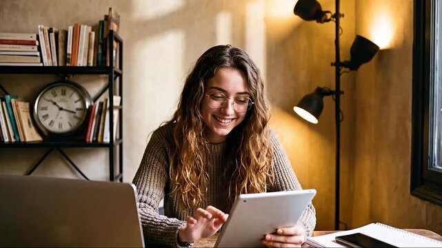 Smiling young woman using a tablet at her desk working from home enjoying modern technology - Powered by Adobe