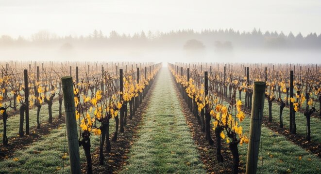 Rows of grapevines with vibrant yellow autumn leaves stand in a frosty field on a serene, foggy morning, creating a tranquil and atmospheric agricultural landscape