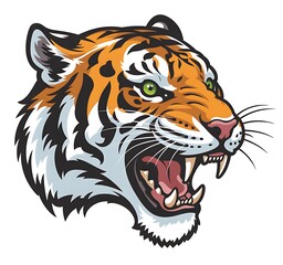 Stylized roaring tiger head mascot illustration with green eyes