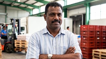 Warehouse worker with arms crossed standing in a large distribution center ready for shipping and logistics