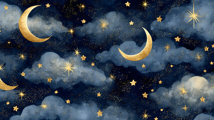 Magical starry night pattern with luminous crescent moons and golden stars