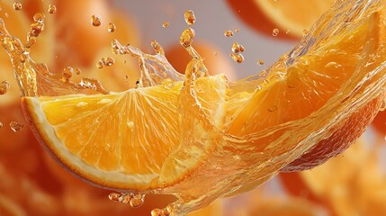 A splash of orange juice in motion, vibrant and semi-transparent