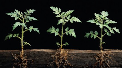 Tomato seedlings showing visible root systems on dark background