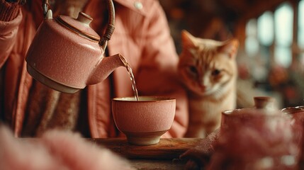 Morning tea ritual at home with pink tones, minimal decor, and pet cat, evoking warmth, comfort, and relaxed lifestyle